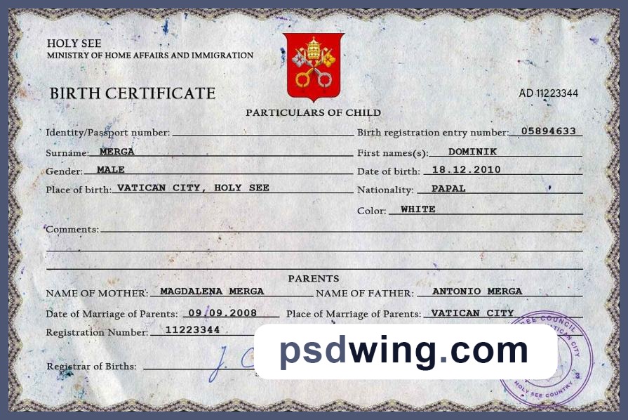 Holy See Vital Record Birth Certificate PSD Template